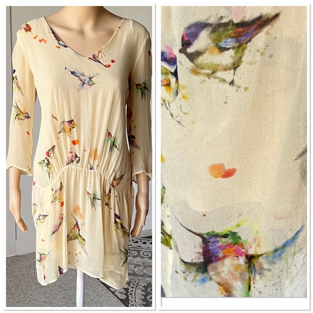 Attic and Barn Watercolor Birds Flowy Bohemian Silk Dress Made in Italy RARE